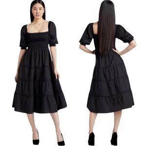 Hill House Nesli Nap Dress Black Dot Smocked Puff Sleeve Midi XL
